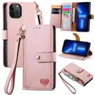 For iPhone 13 Pro Love Zipper Lanyard Leather Phone Case(Pink) - 1