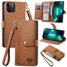 For iPhone 13 Pro Max Love Zipper Lanyard Leather Phone Case(Brown) - 1
