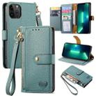 For iPhone 13 Pro Max Love Zipper Lanyard Leather Phone Case(Green) - 1