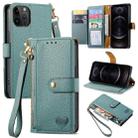 For iPhone 12 / 12 Pro Love Zipper Lanyard Leather Phone Case(Green) - 1