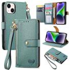 For iPhone 15 Love Zipper Lanyard Leather Phone Case(Green) - 1