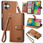 For iPhone 16 Plus Love Zipper Lanyard Leather Phone Case(Brown) - 1