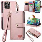 For iPhone 16 Pro Love Zipper Lanyard Leather Phone Case(Pink) - 1