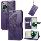 For Huawei P60 Butterfly Love Flower Embossed Leather Phone Case(Dark Purple) - 1