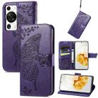 For Huawei P60 Pro Butterfly Love Flower Embossed Leather Phone Case(Dark Purple) - 1