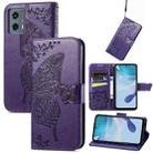 For Motorola Moto G 5G 2023 Butterfly Love Flower Embossed Leather Phone Case(Dark Purple) - 1