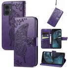 For Motorola Moto  G14 Butterfly Love Flower Embossed Leather Phone Case(Dark Purple) - 1