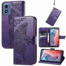 For Motorola Moto G  Play  2024 Butterfly Love Flower Embossed Leather Phone Case(Dark Purple) - 1