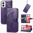 For Motorola Moto G Power 2024 Butterfly Love Flower Embossed Leather Phone Case(Dark Purple) - 1