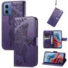 For Motorola Moto G34 Butterfly Love Flower Embossed Leather Phone Case(Dark Purple) - 1