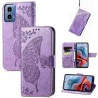 For Motorola Moto G34 Butterfly Love Flower Embossed Leather Phone Case(Light Purple) - 1