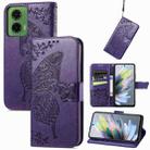 For Motorola Moto G35 Butterfly Love Flower Embossed Leather Phone Case(Dark Purple) - 1