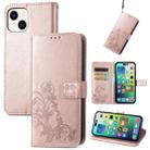 For iPhone 15 Four-leaf Clasp Embossed Buckle Leather Phone Case(Rose Gold) - 1