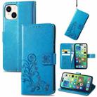 For iPhone 15 Four-leaf Clasp Embossed Buckle Leather Phone Case(Blue) - 1