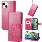 For iPhone 15 Plus Four-leaf Clasp Embossed Buckle Leather Phone Case(Magengta) - 1