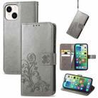 For iPhone 15 Plus Four-leaf Clasp Embossed Buckle Leather Phone Case(Gray) - 1