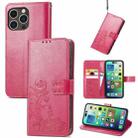 For iPhone 15 Pro Four-leaf Clasp Embossed Buckle Leather Phone Case(Magengta) - 1