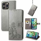 For iPhone 15 Pro Four-leaf Clasp Embossed Buckle Leather Phone Case(Gray) - 1