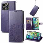 For iPhone 15 Pro Four-leaf Clasp Embossed Buckle Leather Phone Case(Purple) - 1