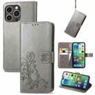 For iPhone 15 Pro Max Four-leaf Clasp Embossed Buckle Leather Phone Case(Gray) - 1