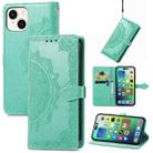 For iPhone 15 Mandala Flower Embossed Leather Phone Case(Green) - 1