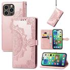 For iPhone 15 Pro Mandala Flower Embossed Leather Phone Case(Rose Gold) - 1