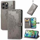 For iPhone 15 Pro Mandala Flower Embossed Leather Phone Case(Gray) - 1