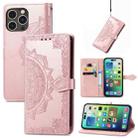 For  iPhone 15 Pro Max Mandala Flower Embossed Leather Phone Case(Rose Gold) - 1