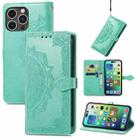 For  iPhone 15 Pro Max Mandala Flower Embossed Leather Phone Case(Green) - 1