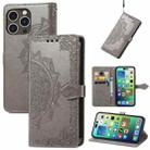 For  iPhone 15 Pro Max Mandala Flower Embossed Leather Phone Case(Gray) - 1