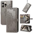 For iPhone 16 Pro Max Mandala Flower Embossed Leather Phone Case(Gray) - 1