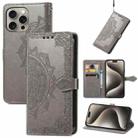 For iPhone 16 Pro Mandala Flower Embossed Leather Phone Case(Gray) - 1