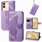 For vivo V29 Lite Butterfly Love Flower Embossed Leather Phone Case(Lavender) - 1
