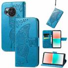 For Sharp Aquos R8 Butterfly Love Flower Embossed Leather Phone Case(Blue) - 1