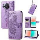 For Sharp Aquos R8 Butterfly Love Flower Embossed Leather Phone Case(Lavender) - 1