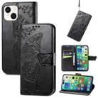 For iPhone 15 Butterfly Love Flower Embossed Leather Phone Case(Black) - 1