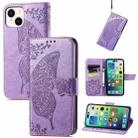 For iPhone 15 Butterfly Love Flower Embossed Leather Phone Case(Light Purple) - 1
