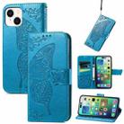 For iPhone 15 Butterfly Love Flower Embossed Leather Phone Case(Blue) - 1