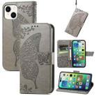 For iPhone 15 Butterfly Love Flower Embossed Leather Phone Case(Gray) - 1