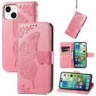 For iPhone 15 Plus Butterfly Love Flower Embossed Leather Phone Case(Pink) - 1