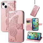 For iPhone 15 Plus Butterfly Love Flower Embossed Leather Phone Case(Rose Gold) - 1