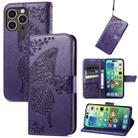 For iPhone 15 Pro Butterfly Love Flower Embossed Leather Phone Case(Dark Purple) - 1