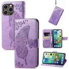 For iPhone 15 Pro Butterfly Love Flower Embossed Leather Phone Case(Light Purple) - 1