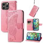 For iPhone 15 Pro Butterfly Love Flower Embossed Leather Phone Case(Pink) - 1