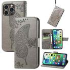 For iPhone 15 Pro Butterfly Love Flower Embossed Leather Phone Case(Gray) - 1