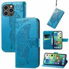 For iPhone 15 Pro Max Butterfly Love Flower Embossed Leather Phone Case(Blue) - 1