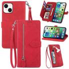 For iPhone 15 Embossed Flower Zipper Leather Phone Case(Red) - 1