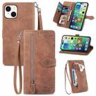For iPhone 15 Embossed Flower Zipper Leather Phone Case(Brown) - 1