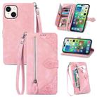 For iPhone 15 Embossed Flower Zipper Leather Phone Case(Pink) - 1