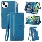 For iPhone 15 Plus Embossed Flower Zipper Leather Phone Case(Blue) - 1